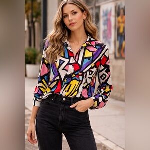 Big Dart Abstract Geometric Button Front Shirt Colorful Artsy Blouse